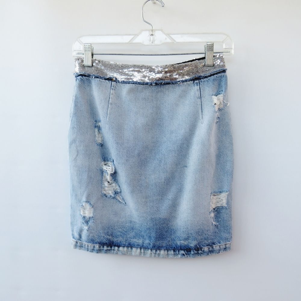 IRO Womens Size Small 36 Silver Sequin Waistband Distressed Denim Pencil Skirt